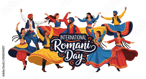 Colorful illustration of people dancing and celebrating International Romani Day with vibrant costumes and dynamic movements on a white background.