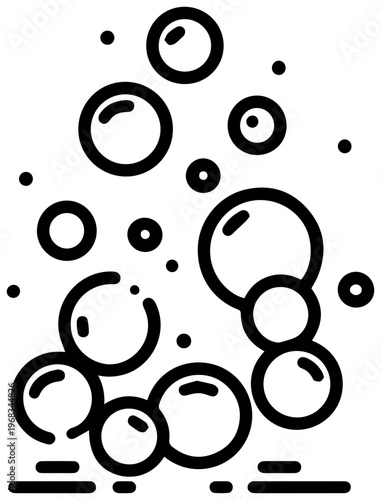 Stylized cluster of decorative diverse sized bubbles and small dots rendered in a clean modern outline graphic style on a white background representing effervescence and lightness