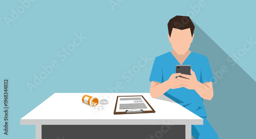 Doctor Using Mobile Phone at Desk with Medical Supplies.