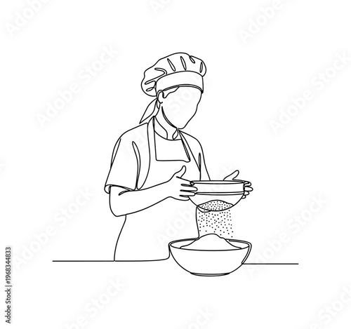 Flour Handling. Minimalistic one-line drawing individual sifting flour for baking, continuous single black line on white background, simple outline style, no