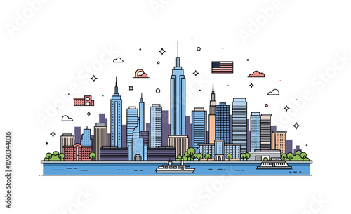 America New York City skyline concept where skyscrapers rise with a river in front while tiny sparkle and star icons highlight urban life, culture, and iconic