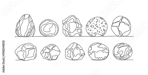 Petrology Collection. Minimalistic one-line drawing polished rocks and raw stones arranged neatly, continuous single black line on white background, simple