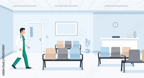 Doctor walking in a modern clinic waiting room.