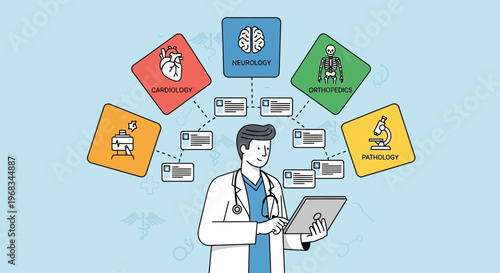 Doctor Using Tablet Interacting with Medical Icons.