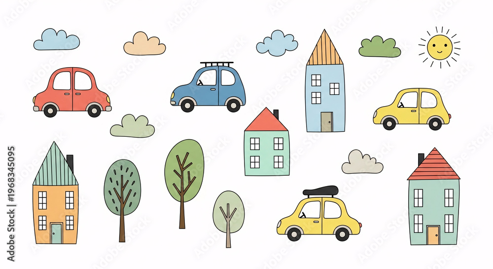 Fototapeta premium colorful cartoon illustration of cityscape with cars and buildings.
