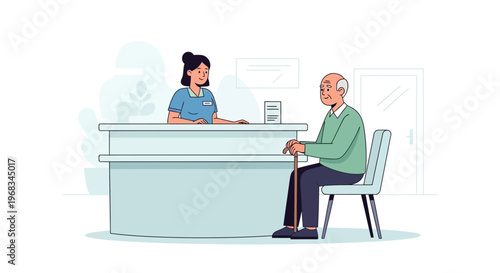 Elderly man at reception desk with nurse.
