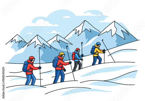 Hikers with backpacks ascend a snowy mountain slope with snow-capped peaks in the background
