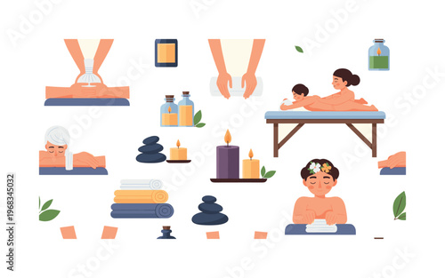 massage therapy seamless pattern, repeating pattern, surface design, textile print, modern illustration of hands performing massage, essential oils, massage