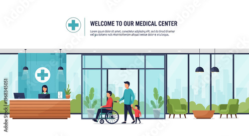 Family visiting medical center with person in wheelchair.