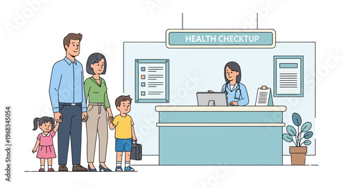 Family waiting for medical checkup at hospital reception.