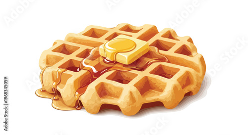 A golden-brown waffle with a pat of melting butter and drizzled syrup on a plain white background.
