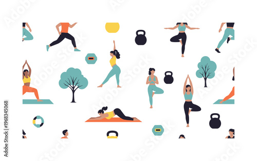 outdoor activity seamless pattern, repeating pattern, surface design, textile print, modern illustration of people running, stretching, yoga poses,