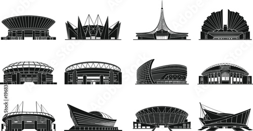 Modern stadium and arena silhouettes set with architectural buildings, sports venue vector collection isolated, urban construction design elements for events and infrastructure projects