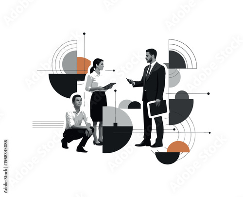 healthy delegation geometric circles semicircles thin lines and abstract blocks realistic black and white manager assigning tasks to team members with white