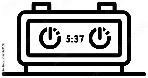 Digital countdown timer clock face with glowing power buttons and numerical display showing 5 37 representing time management urgency and schedules in a modern minimalist vector