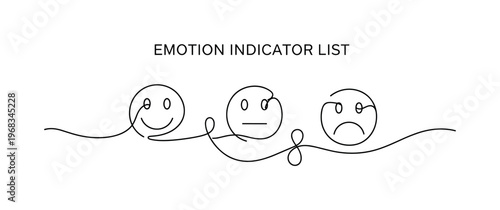 Emotion Indicator List. Minimalistic one-line drawing tasks with smiley, neutral, and sad face symbols for mood, continuous single black line on