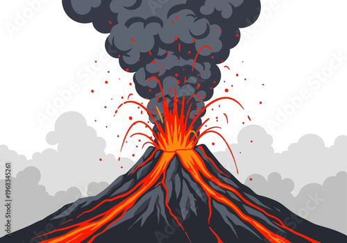 Fiery volcano erupting with ash cloud and lava flow illustration