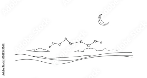 Starry Twilight. Minimalistic one-line drawing faint stars emerging in early night sky, continuous single black line on white background, simple outline style,