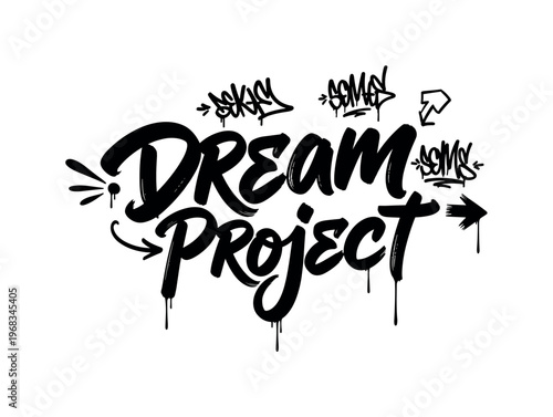 Dream Project. lettering and all elements in black. Vector style. AWhite background. Pure white background. Perfect isolation and visual consistency. Dynamic