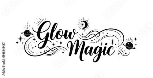 Glow Magic. lettering and all elements in black. Vector style. AWhite background. Pure white background. Perfect isolation and visual consistency. Elegant