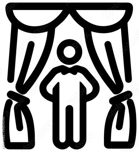 Elegant line art icon depicting a performer taking a bow on stage behind parted theatrical curtains symbolizing applause recognition and a successful performance finale