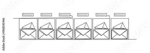 Organized Mail. Minimalistic one-line drawing row of labeled mail compartments with envelopes inserted, continuous single black line on white background,