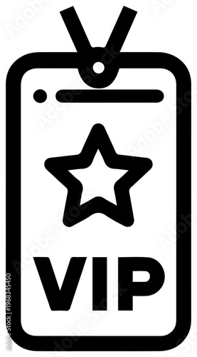 Clean line art icon of a vip pass badge with a star emblem and lanyard representing exclusive access special privileges and premium membership status for events and backstage