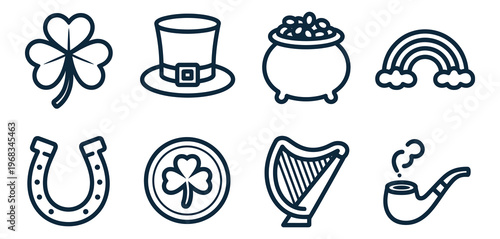 St Patrick’s Day luck icons set, blue dual tone flat vector symbols including shamrock, leprechaun hat, pot of gold, horseshoe, and rainbow