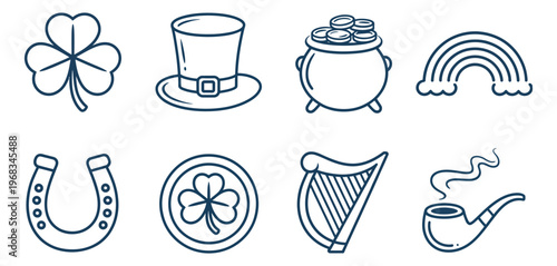 St Patrick’s Day luck icons set, blue dual tone flat vector symbols of shamrock, leprechaun hat, pot of gold, lucky horseshoe, and rainbow