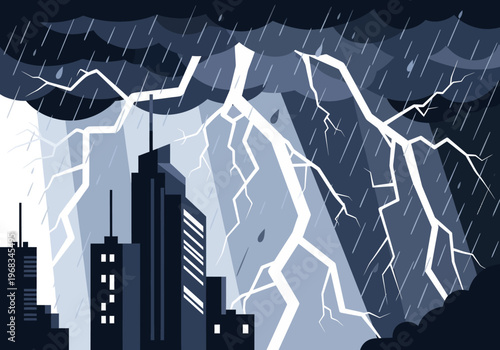 Dramatic city skyline during a powerful thunderstorm with bright lightning strikes illuminating the dark clouds overhead