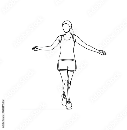 Gentle Aerobics. Minimalistic one-line drawing person marching lightly with arm movements, continuous single black line on white background, simple outline