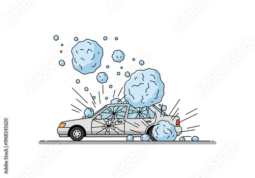 Damaged car from severe hailstorm with broken windows and dented body, illustrative damage
