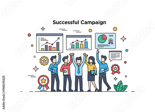 Successful campaign business presentation scene where a team celebrates reaching goals while charts and graphs show positive growth and small sparkle and star