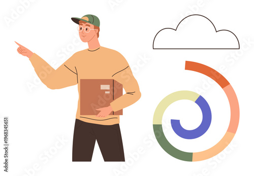 Cloud computing, data management, analytics, business solutions, organization, planning. Person holding a box and pointing to a cloud icon with a spiral chart. Cloud computing and data management
