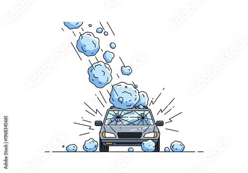 Car damaged by hailstorm, broken windshield and dents from falling ice chunks