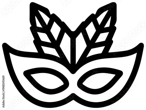 Elegant line art icon of a festive venetian masquerade mask adorned with stylized feathers symbolizing mystery celebration and carnival spirit perfect for event invitations
