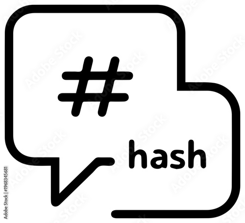 Minimalist line art icon representing a social media share symbol with the hashtag and the word hash inside a speech bubble perfect for digital communication and online engagement