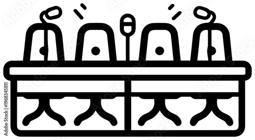 Minimalist line art icon depicting a formal panel discussion setup with four chairs and microphones on a long table symbolizing debate conversation and expert exchange in a clean