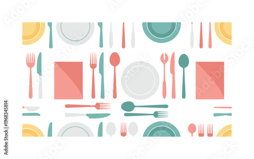 silverware icons seamless pattern, repeating pattern, surface design, textile print, modern illustration of forks, knives, spoons, serving utensils, plates and