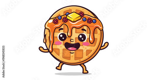Cartoon illustration of a cheerful waffle character with toppings and a happy expression on a white background.