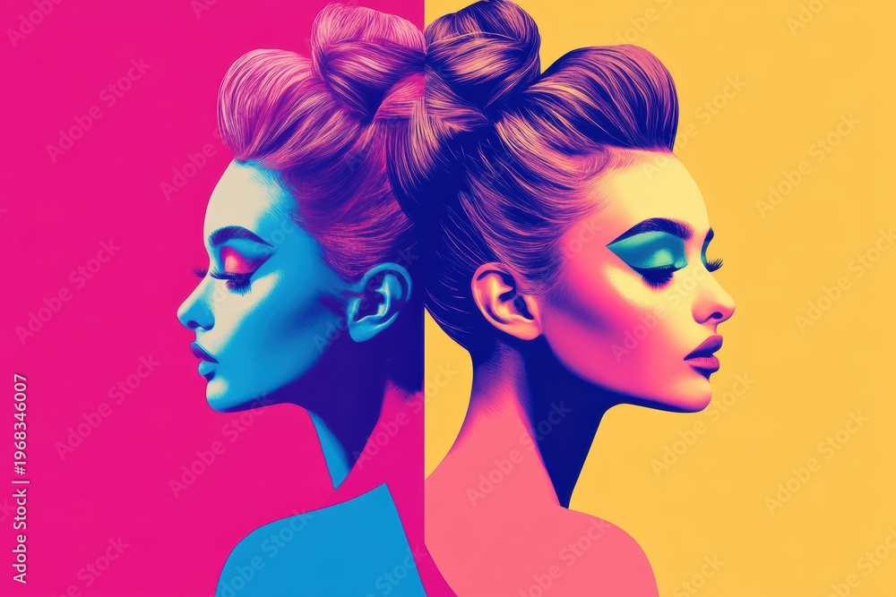 Obraz premium Trendy hairstyles with colorful makeup for modern advertising in high resolution