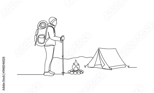 Outdoor Hiking Trip. Minimalistic one-line drawing person with backpack and trekking stick walking near campsite, continuous single black line on white