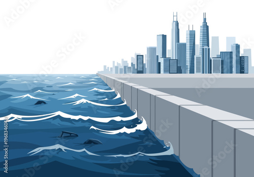 Urban seascape with a modern city skyline reflecting on the water