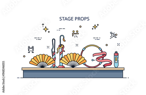 Stage props dance performance concept where props like fans, ribbons, or hoops are arranged on a stage while tiny sparkle and line icons highlight rhythm,