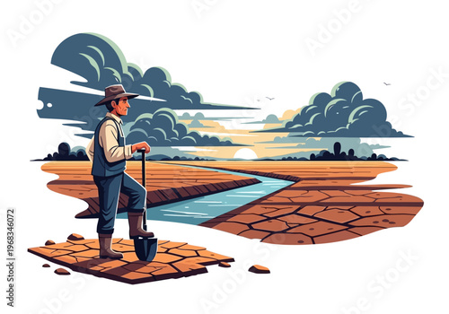 Farmer surveying dry cracked earth and river under dramatic cloudy sky at sunset