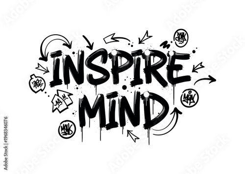 Inspire Mind. lettering and all elements in black. Vector style. AWhite background. Pure white background. Perfect isolation and visual consistency. Dynamic