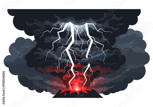 Fiery volcanic eruption under a stormy sky with lightning striking the peak