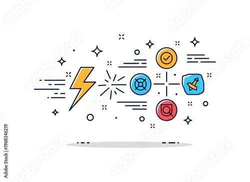 Catalyst energy transformation scene where a lightning bolt triggers connected symbols while small sparkle and line icons emphasize speed, impact, and dynamic