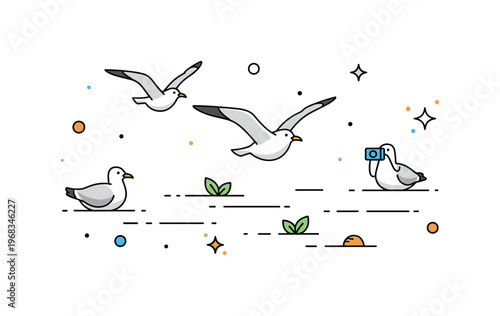 Seagulls floating on calm sea scene where birds drift peacefully while small sparkle and leaf icons emphasize serenity, coastal scenery, and observation. The