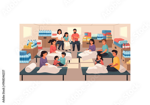 Illustration of a temporary shelter providing aid and comfort to families in need